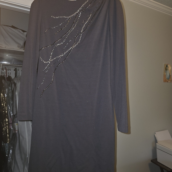 Suzi Chin for Maggy Boutique Dresses & Skirts - Suzi Chin Charcoal Gray Long-Sleeve Dress with Rhinestone Cascade